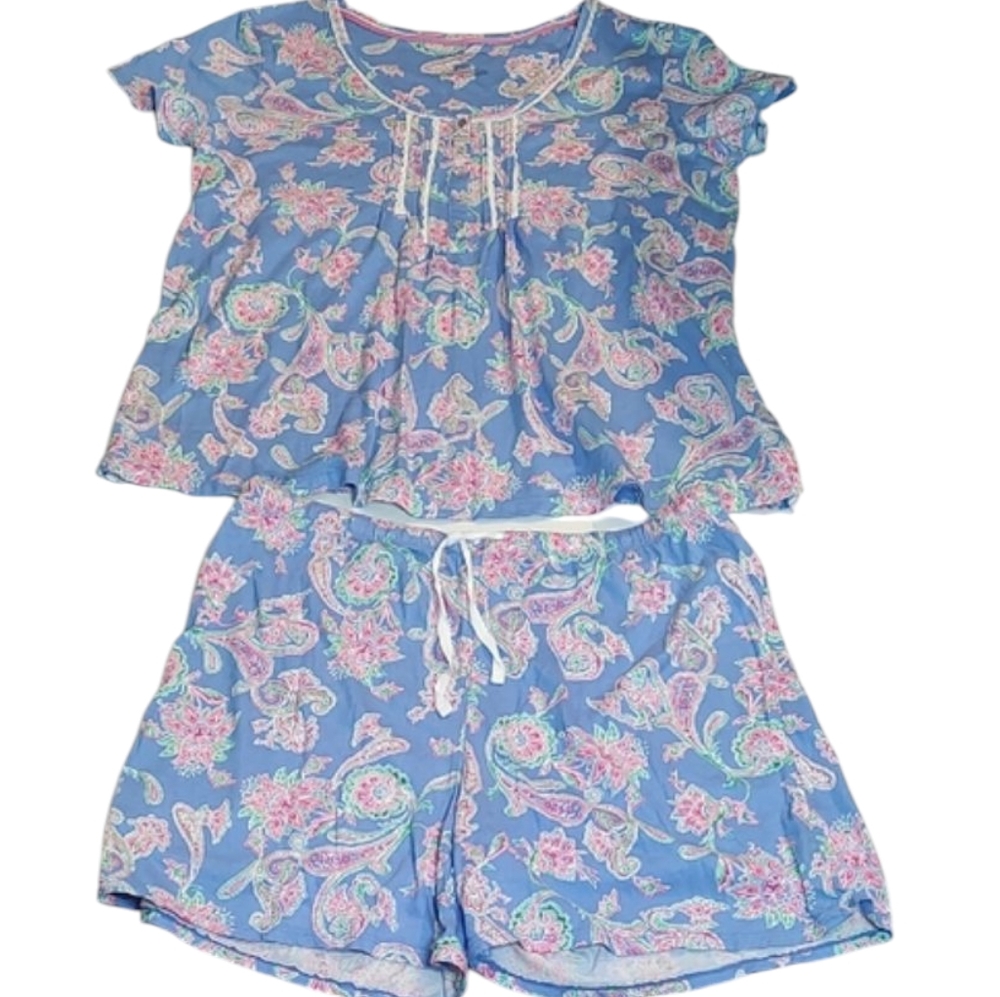 Women's Blue and Pink Paisley Pajama Short Set Sz Large SET.
